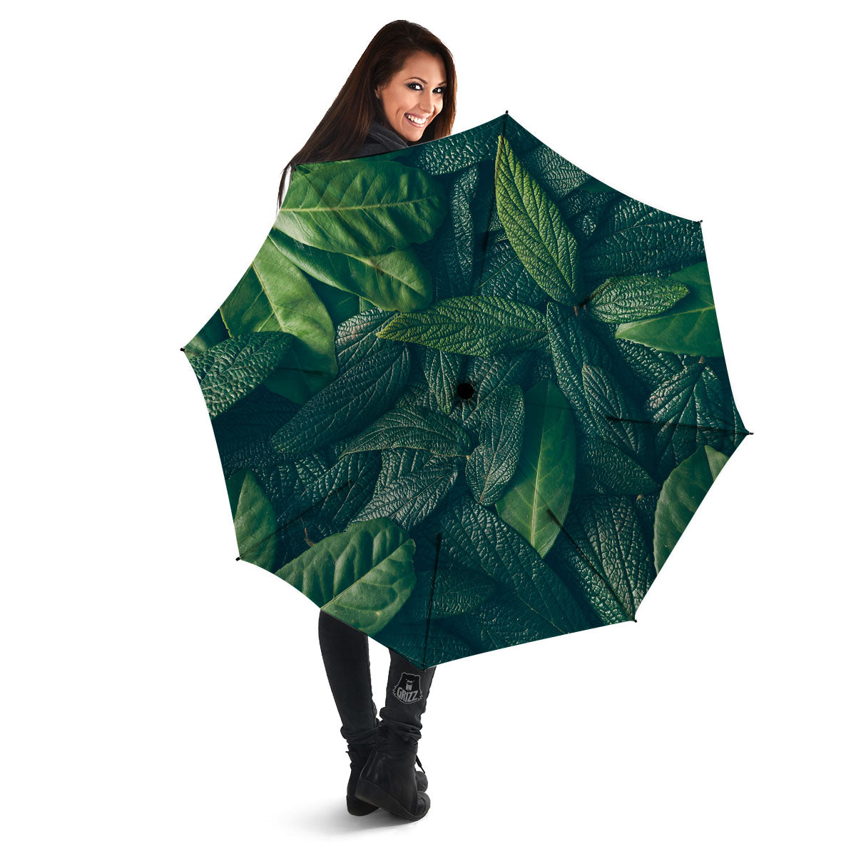 Green Leaves Print Umbrella-grizzshop