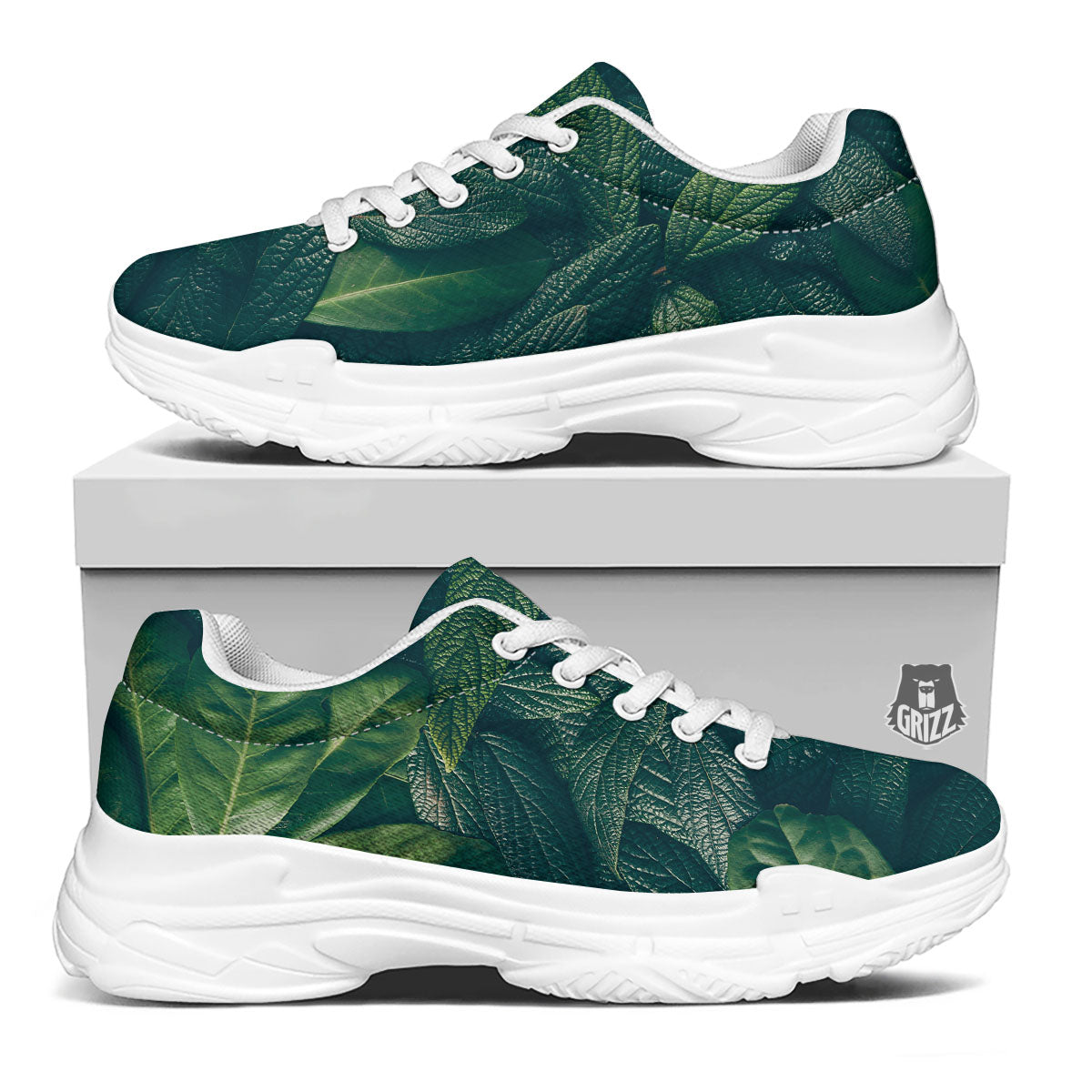 Green Leaves Print White Chunky Shoes-grizzshop