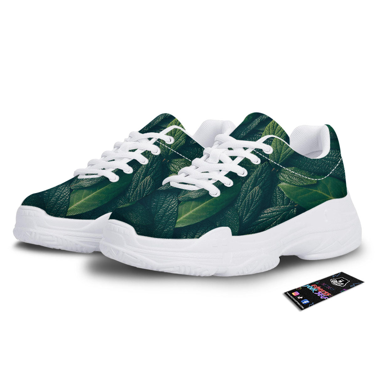 Green Leaves Print White Chunky Shoes-grizzshop