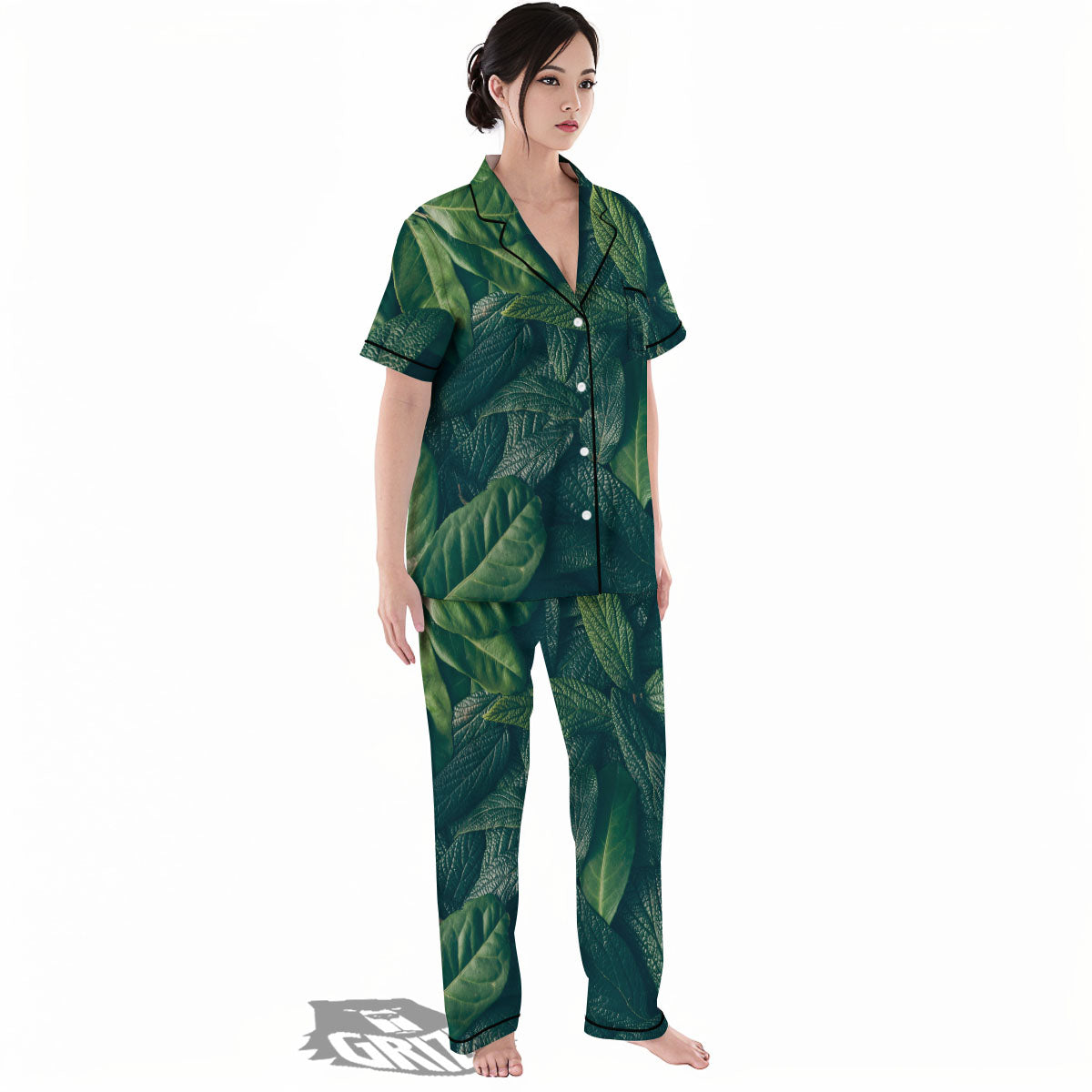 Green Leaves Print Women's Pajamas Set-grizzshop