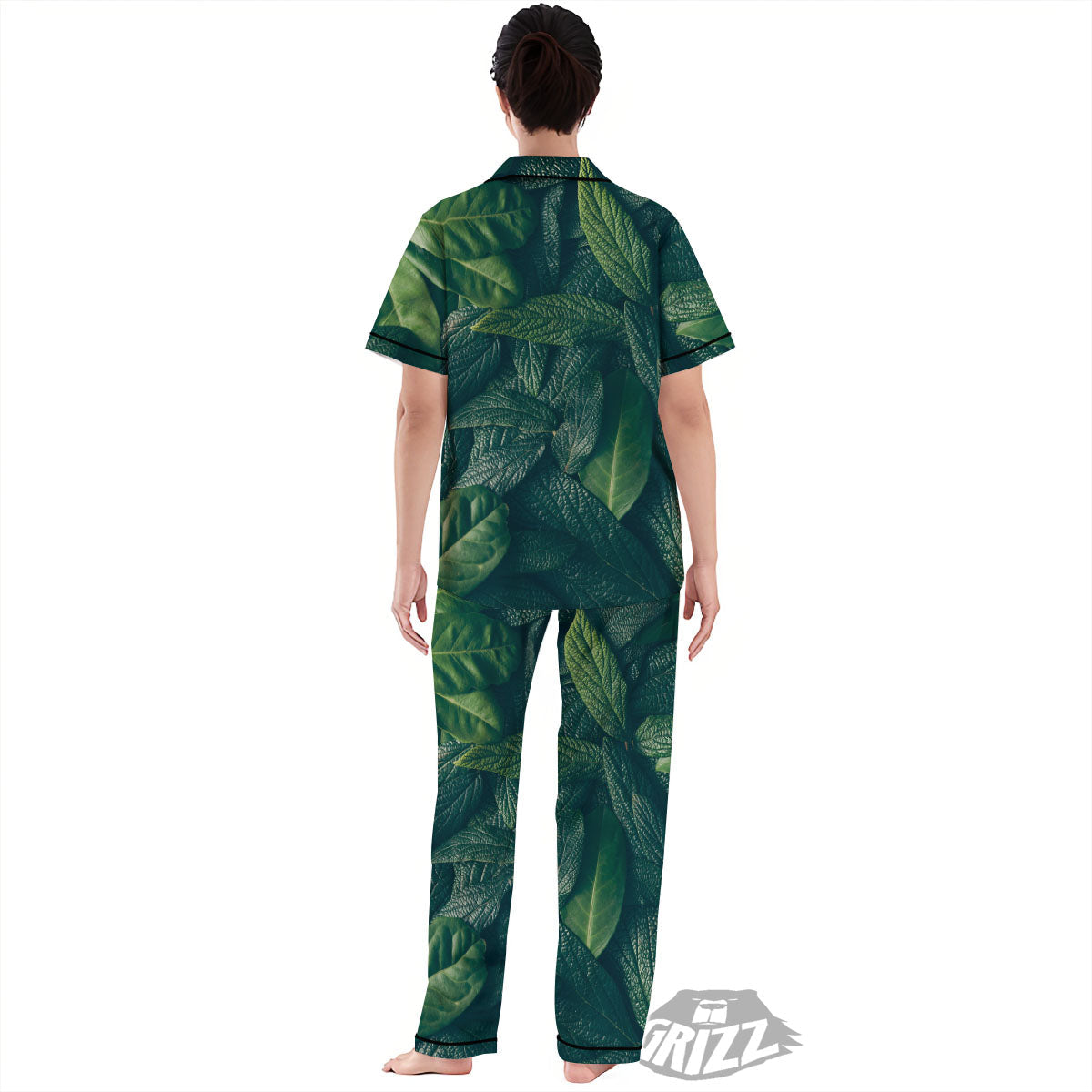Green Leaves Print Women's Pajamas Set-grizzshop