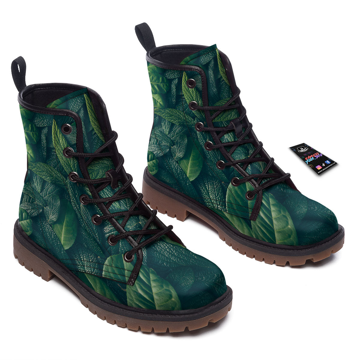 Green Leaves Print Work Boots-grizzshop