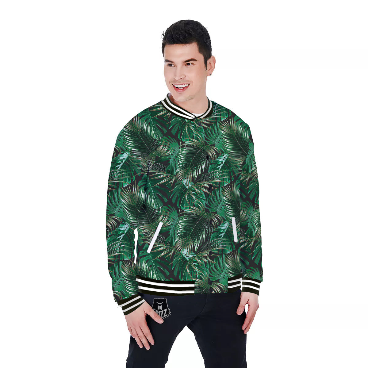 Green Leaves Tropical Print Pattern Baseball Jacket-grizzshop