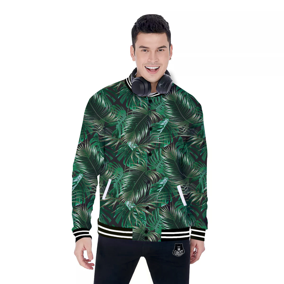 Green Leaves Tropical Print Pattern Baseball Jacket-grizzshop