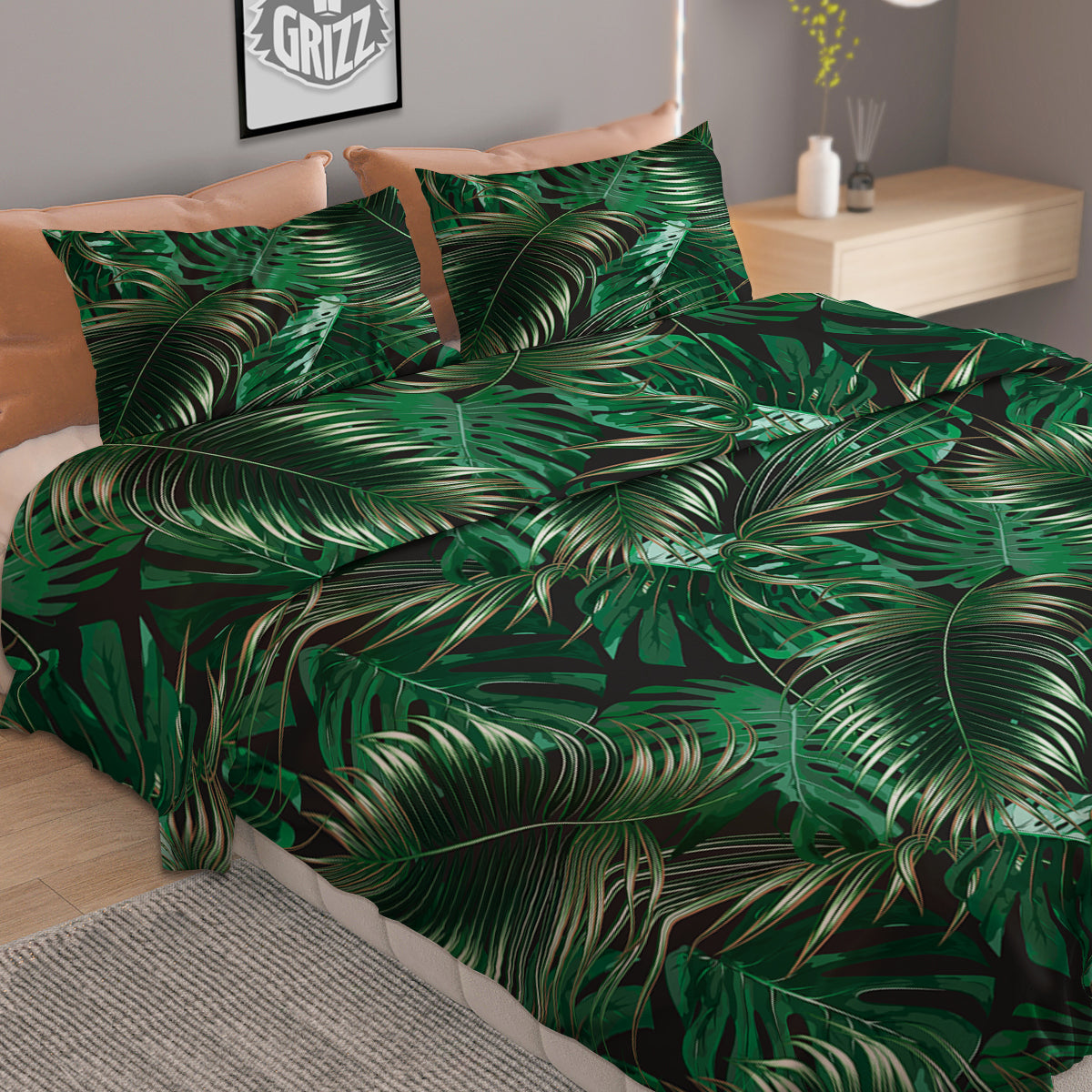 Green Leaves Tropical Print Pattern Duvet Cover Bedding Set-grizzshop