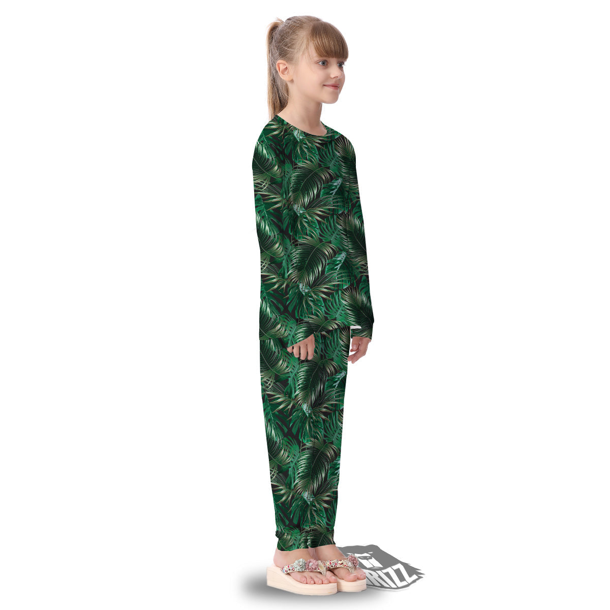 Green Leaves Tropical Print Pattern Kid's Pajamas-grizzshop