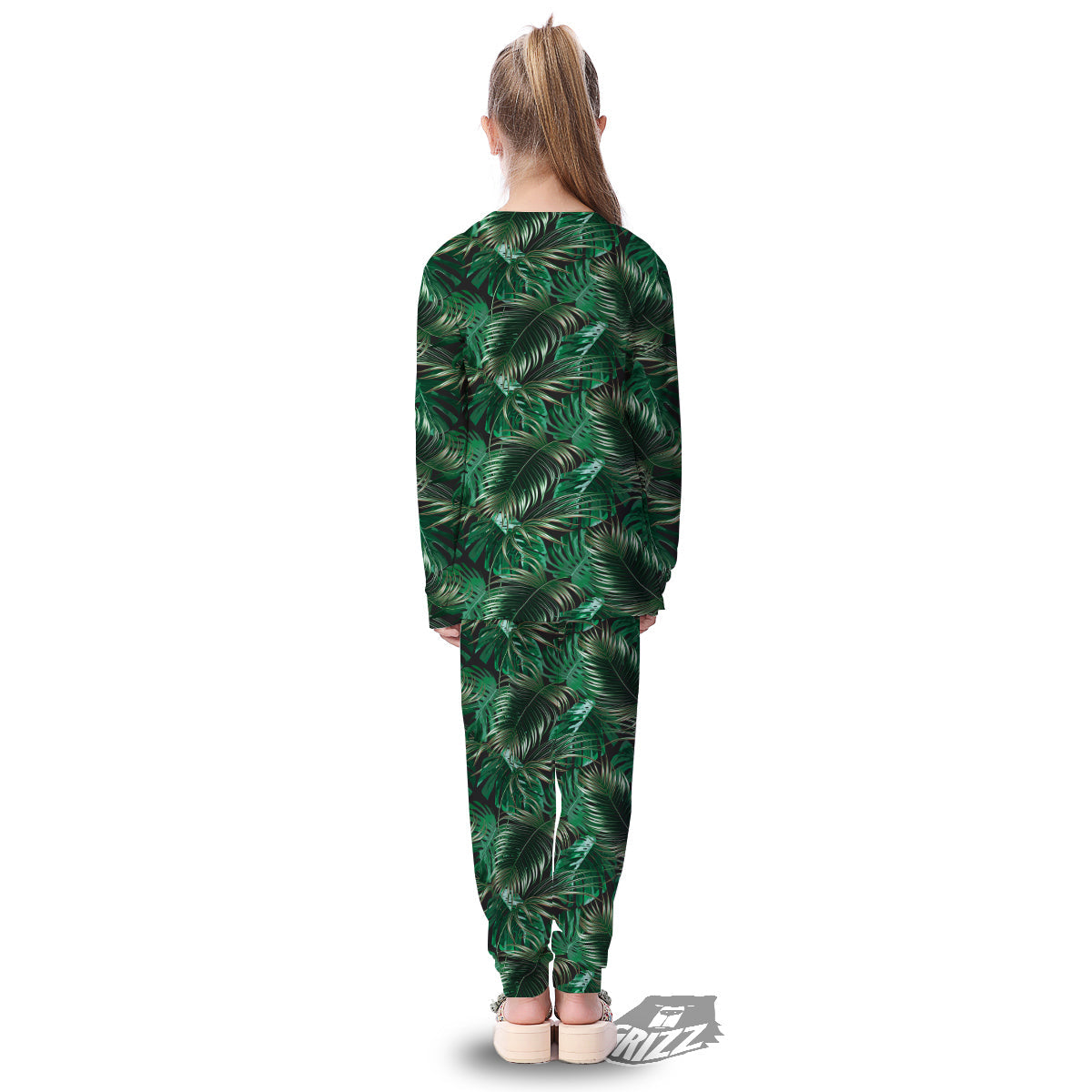 Green Leaves Tropical Print Pattern Kid's Pajamas-grizzshop