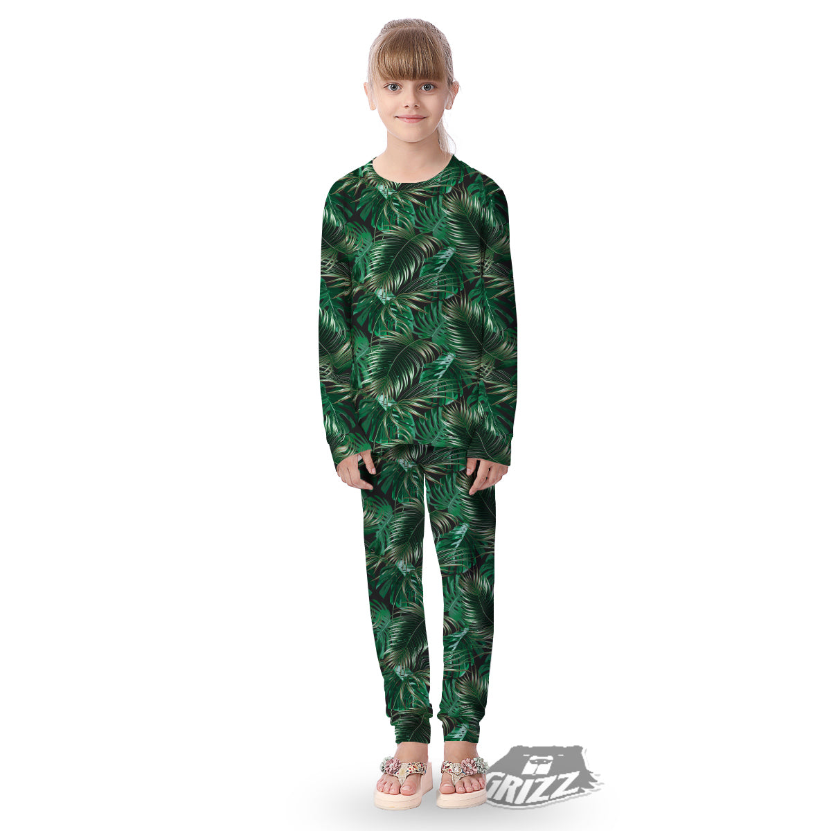 Green Leaves Tropical Print Pattern Kid's Pajamas-grizzshop