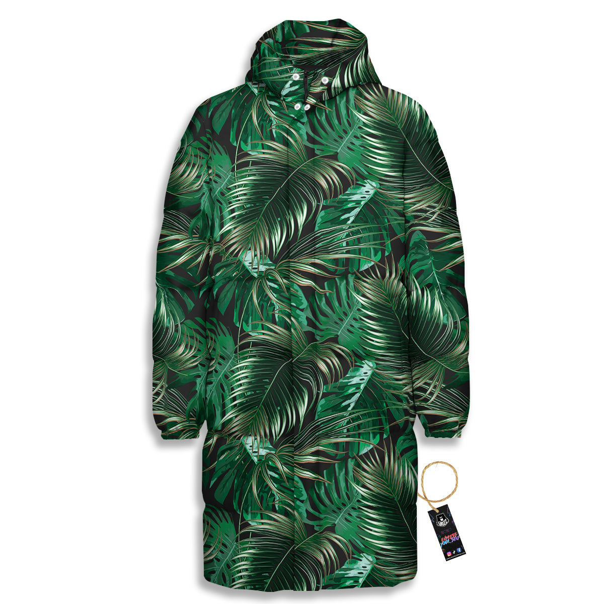 Green Leaves Tropical Print Pattern Long Down Jacket-grizzshop