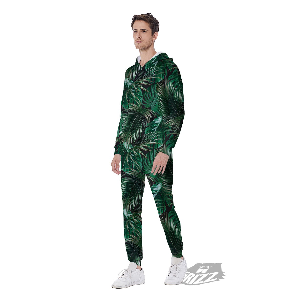 Green Leaves Tropical Print Pattern Men's Jumpsuit-grizzshop