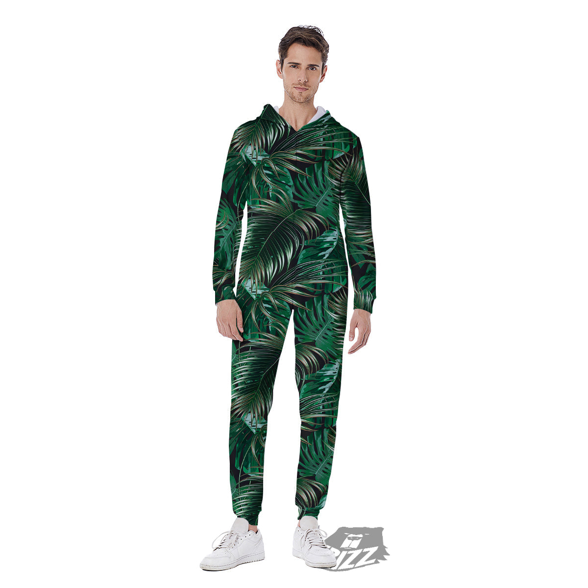 Green Leaves Tropical Print Pattern Men's Jumpsuit-grizzshop