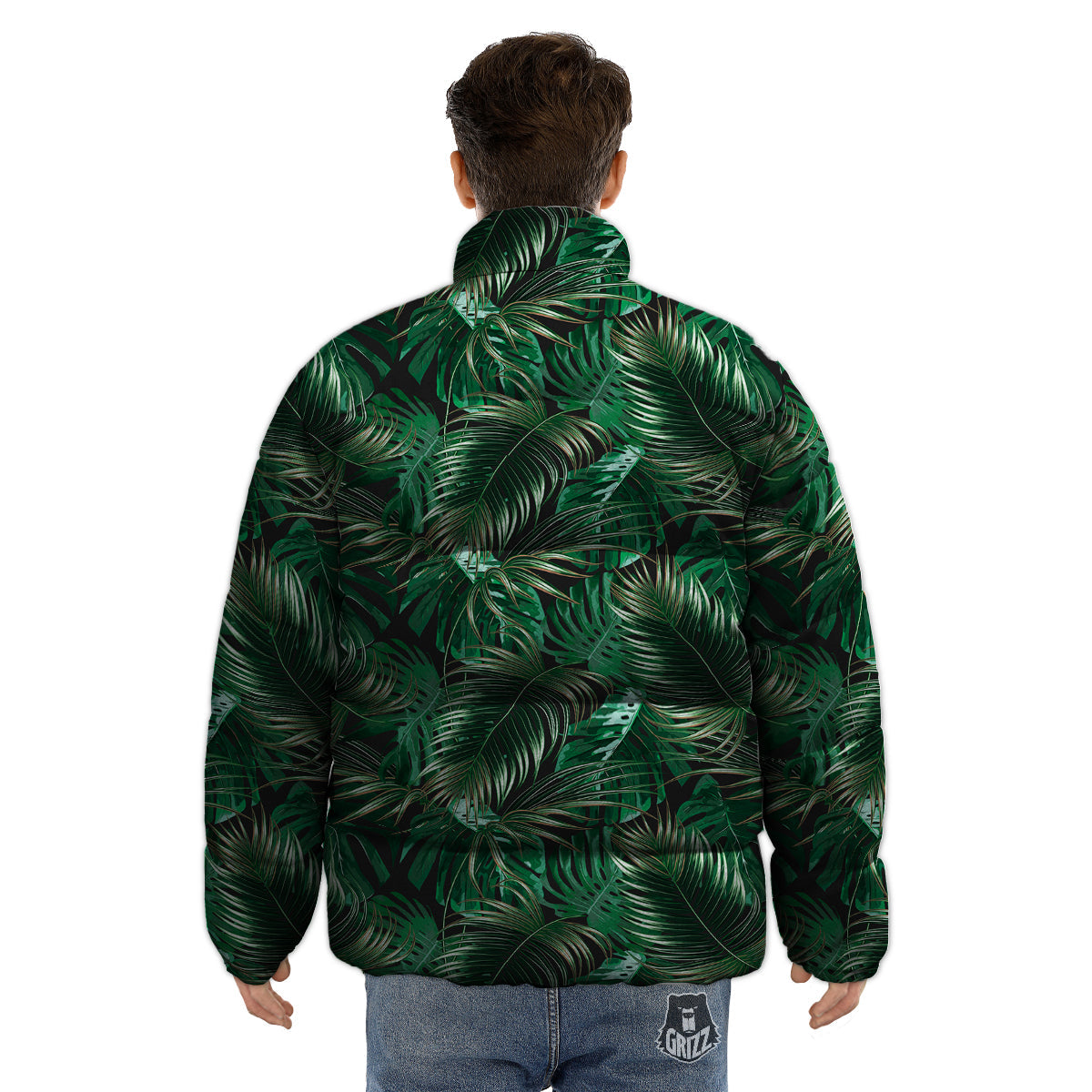 Green Leaves Tropical Print Pattern Puffer Jacket-grizzshop