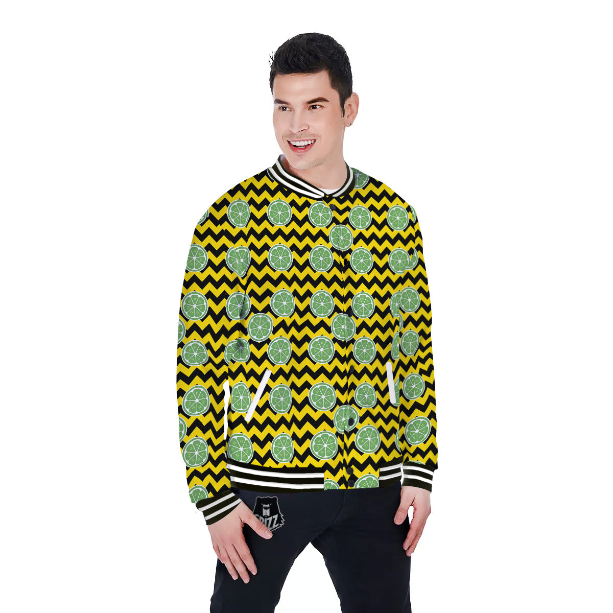 Green Lime And Yellow Zigzag Print Pattern Baseball Jacket-grizzshop
