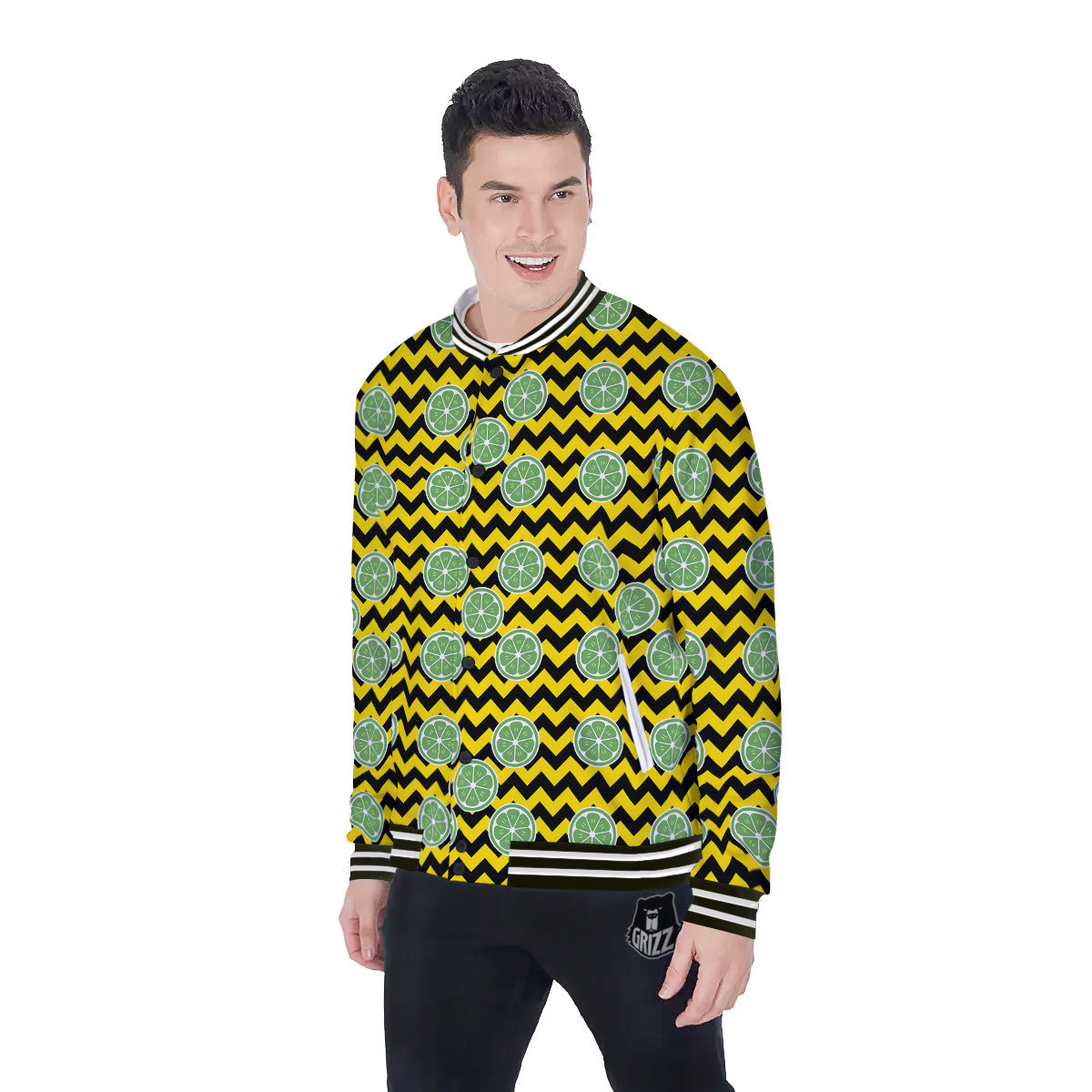 Green Lime And Yellow Zigzag Print Pattern Baseball Jacket-grizzshop