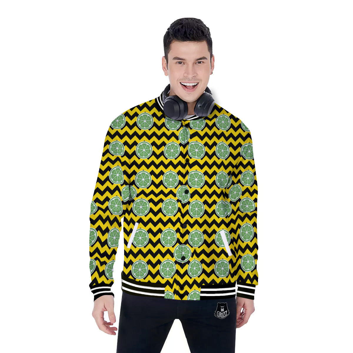 Green Lime And Yellow Zigzag Print Pattern Baseball Jacket-grizzshop