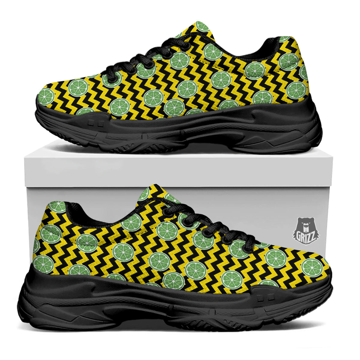 Green Lime And Yellow Zigzag Print Pattern Black Chunky Shoes-grizzshop