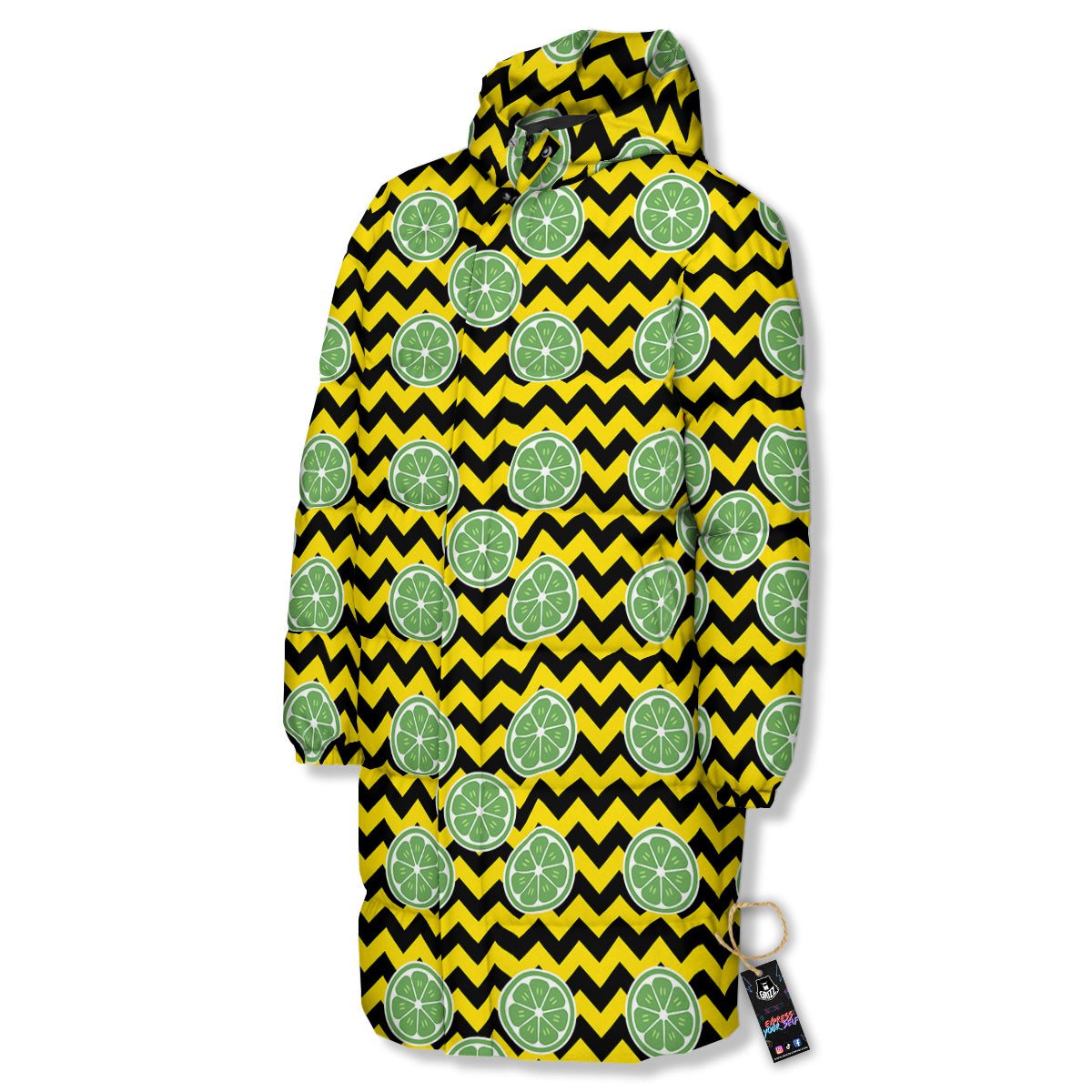 Green Lime And Yellow Zigzag Print Pattern Long Down Jacket-grizzshop