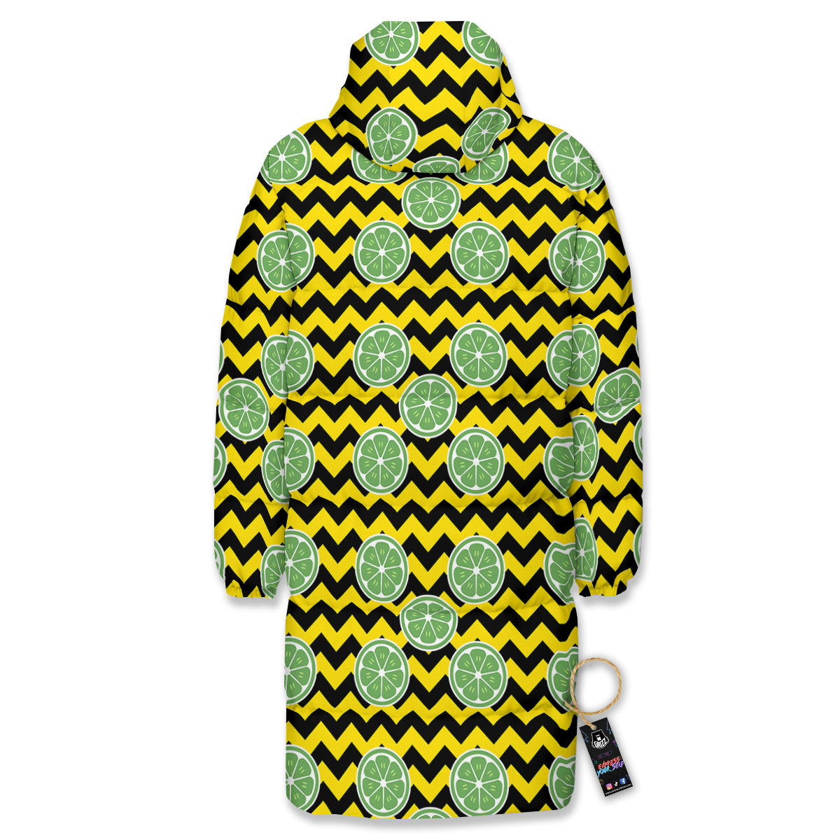Green Lime And Yellow Zigzag Print Pattern Long Down Jacket-grizzshop