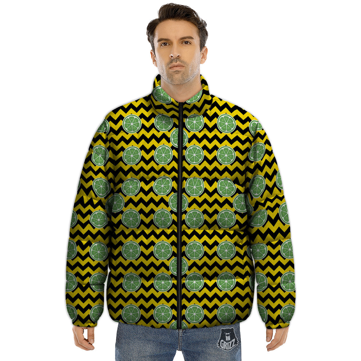 Green Lime And Yellow Zigzag Print Pattern Puffer Jacket-grizzshop