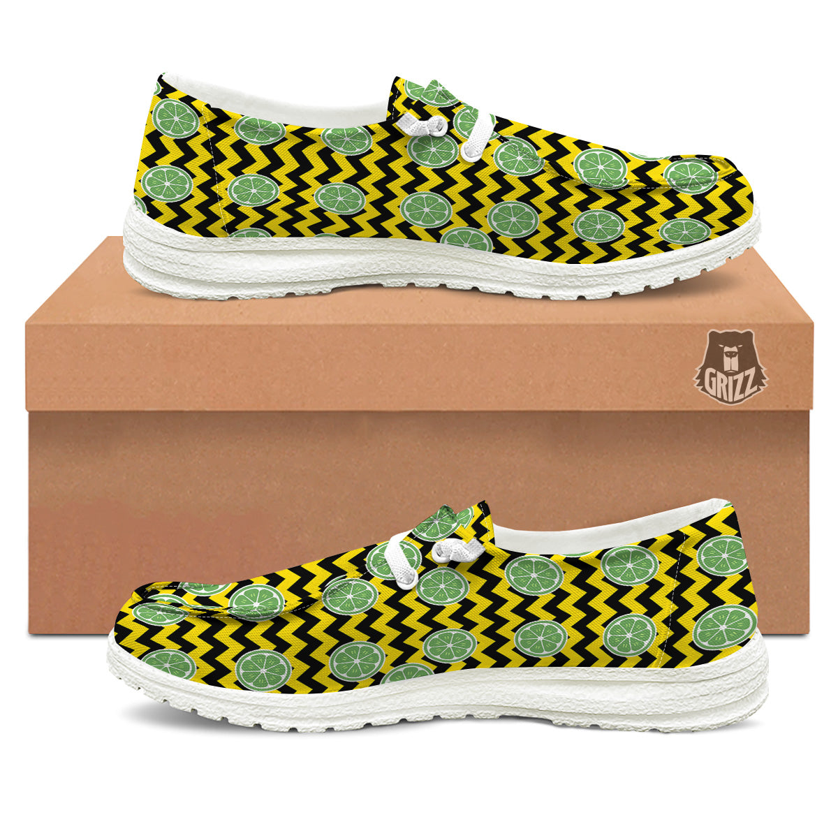 Green Lime And Yellow Zigzag Print Pattern White Loafers-grizzshop