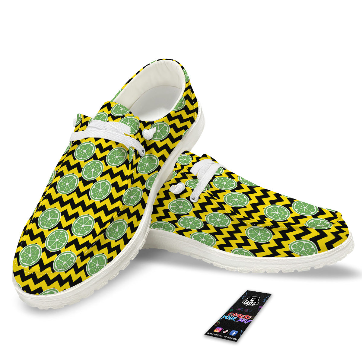Green Lime And Yellow Zigzag Print Pattern White Loafers-grizzshop