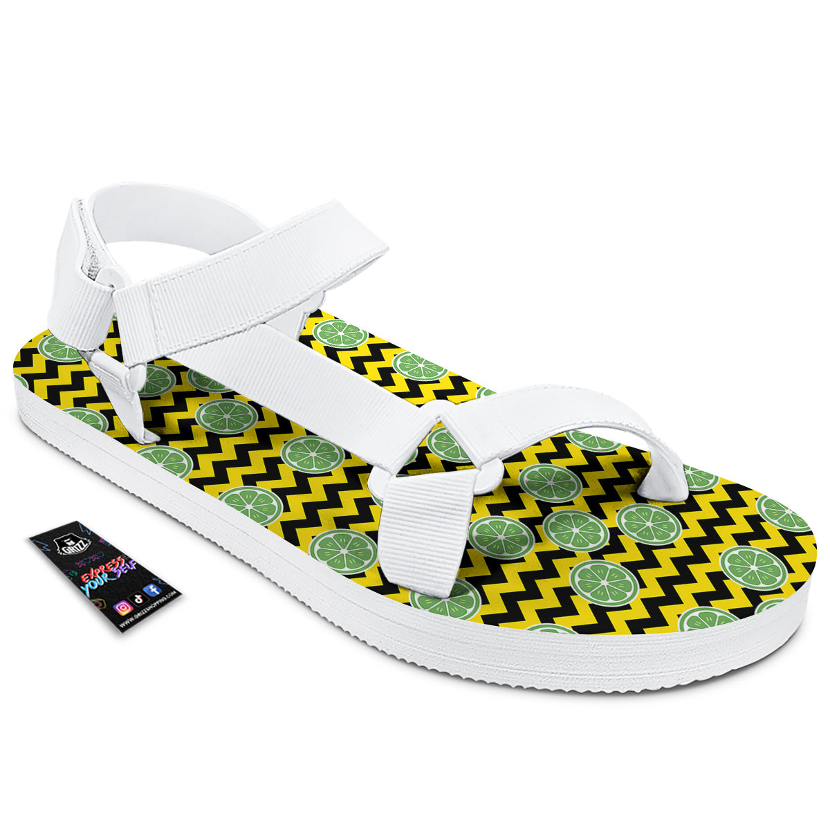 Green Lime And Yellow Zigzag Print Pattern White Open Toe Sandals-grizzshop