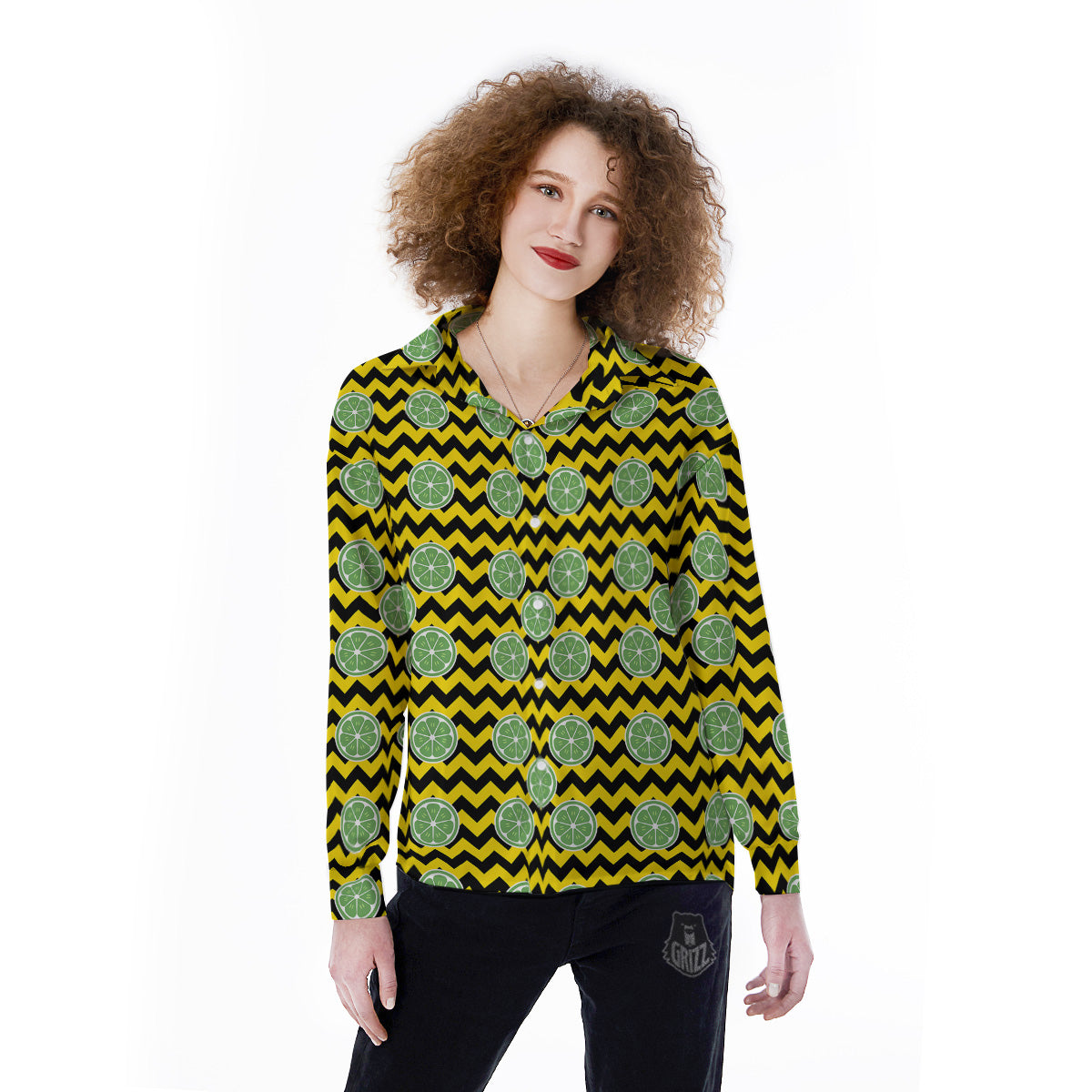 Green Lime And Yellow Zigzag Print Pattern Women's Long Sleeve Shirts-grizzshop