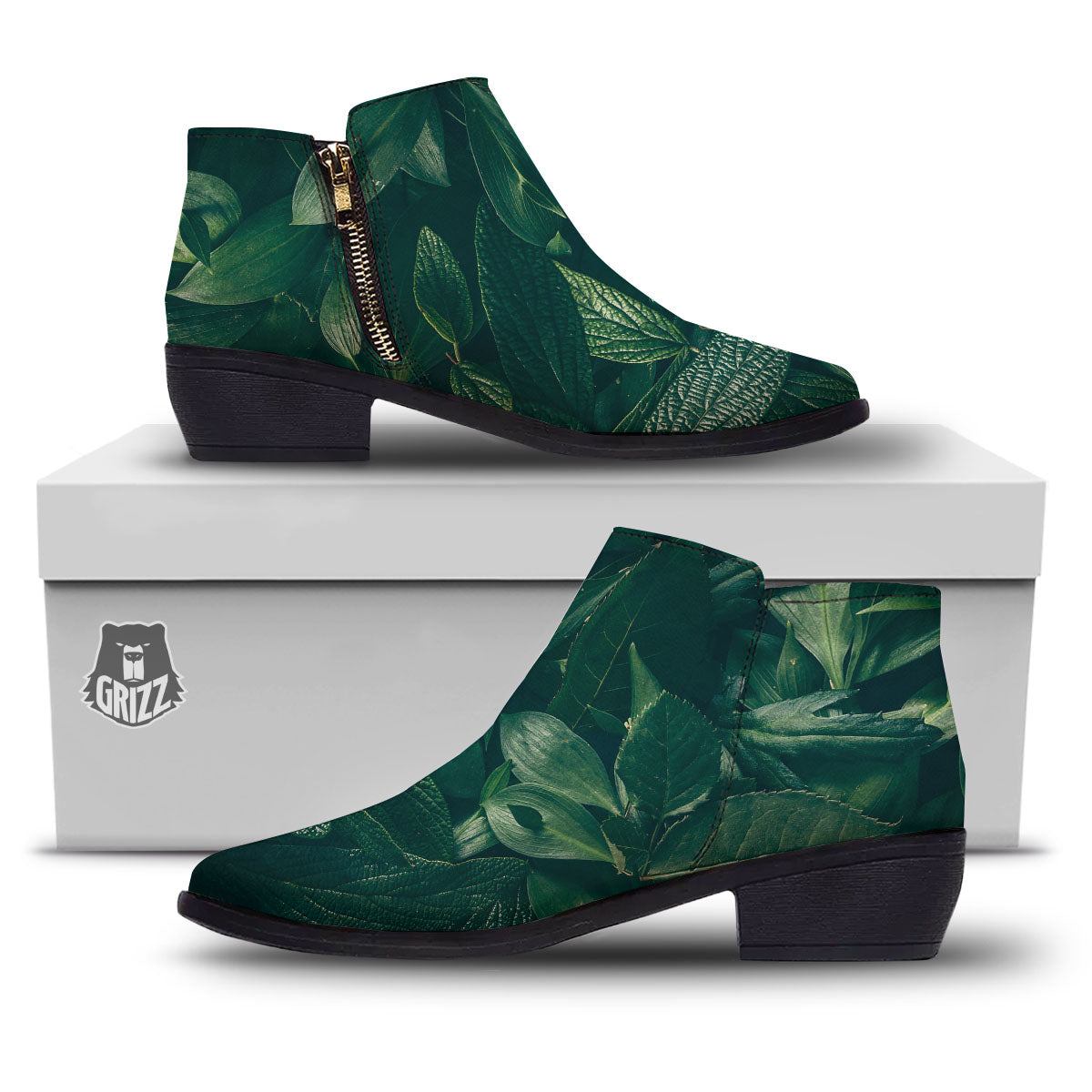 Green Natural Leaf Print Ankle Boots-grizzshop