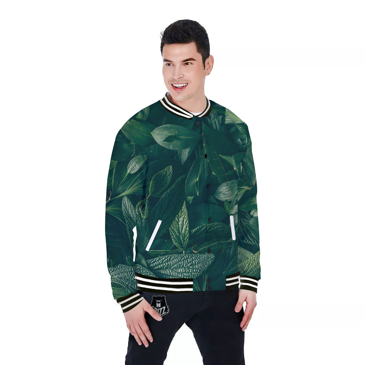 Green Natural Leaf Print Baseball Jacket-grizzshop
