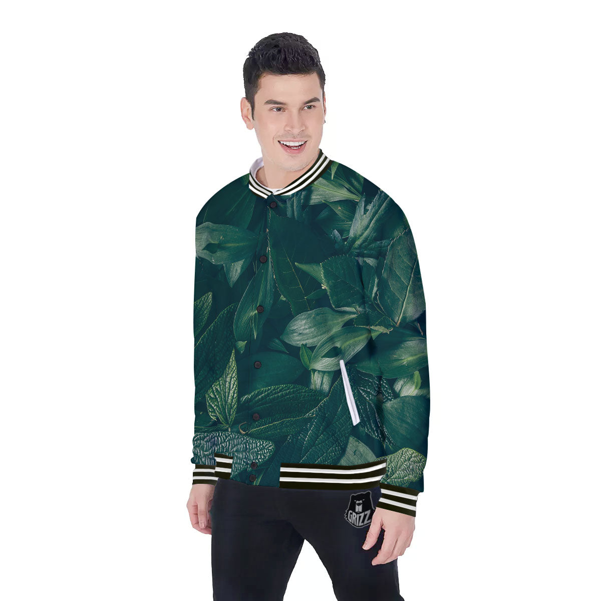 Green Natural Leaf Print Baseball Jacket-grizzshop