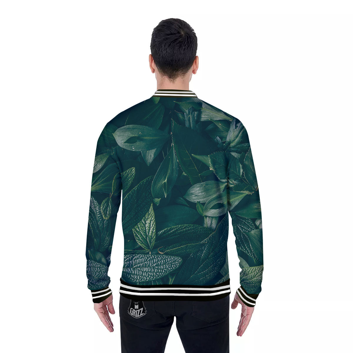 Green Natural Leaf Print Baseball Jacket-grizzshop
