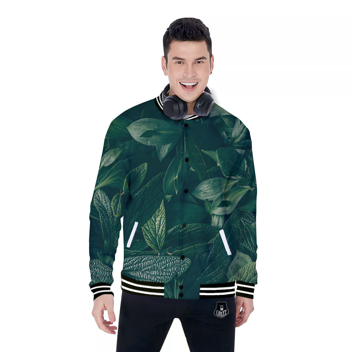 Green Natural Leaf Print Baseball Jacket-grizzshop
