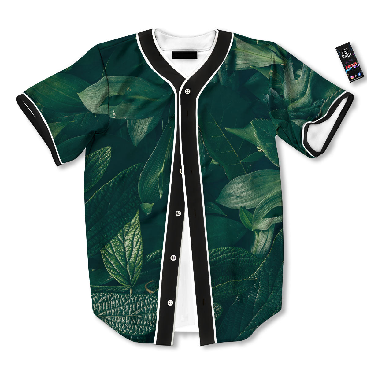 Green Natural Leaf Print Baseball Jersey-grizzshop