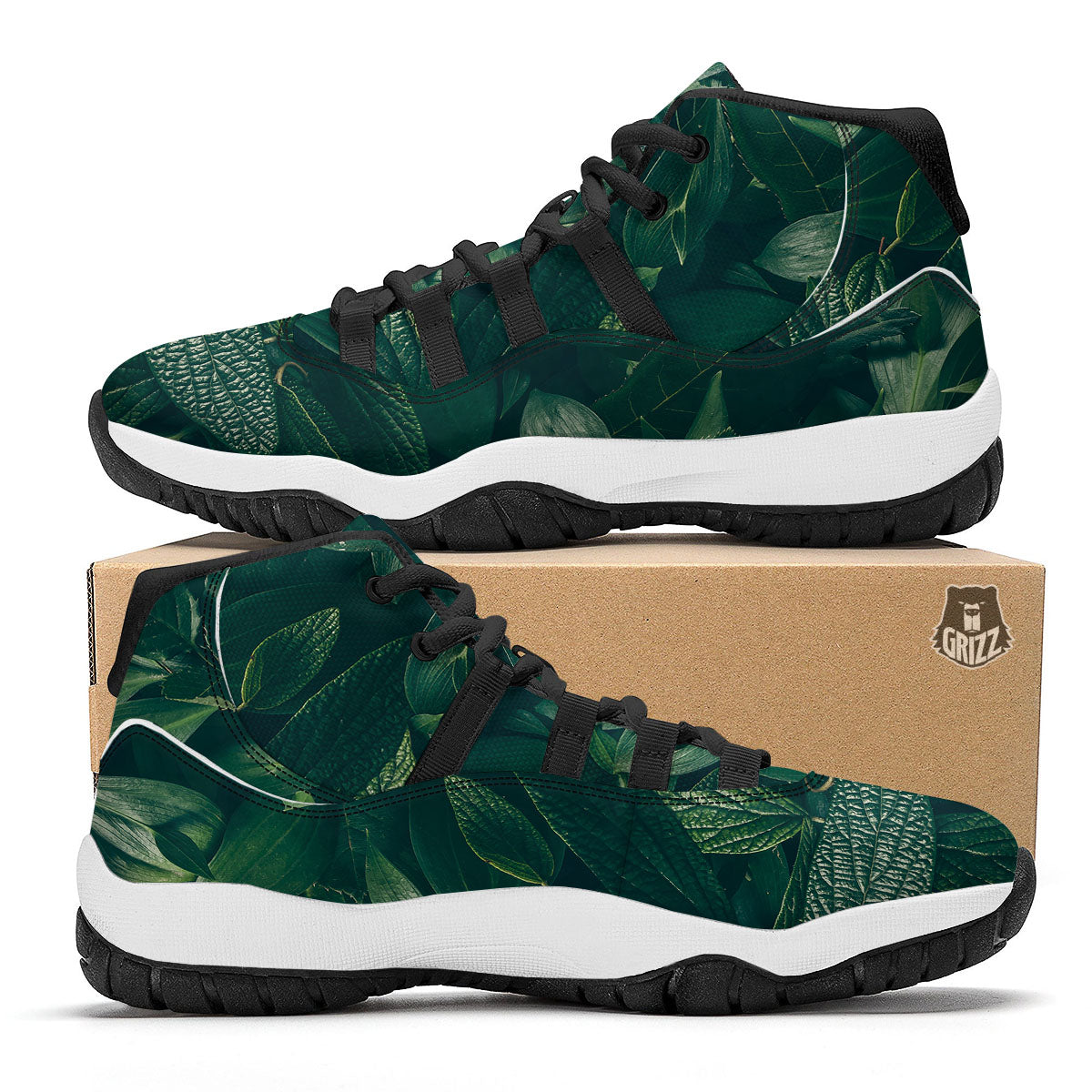 Green Natural Leaf Print Black Bball Shoes-grizzshop