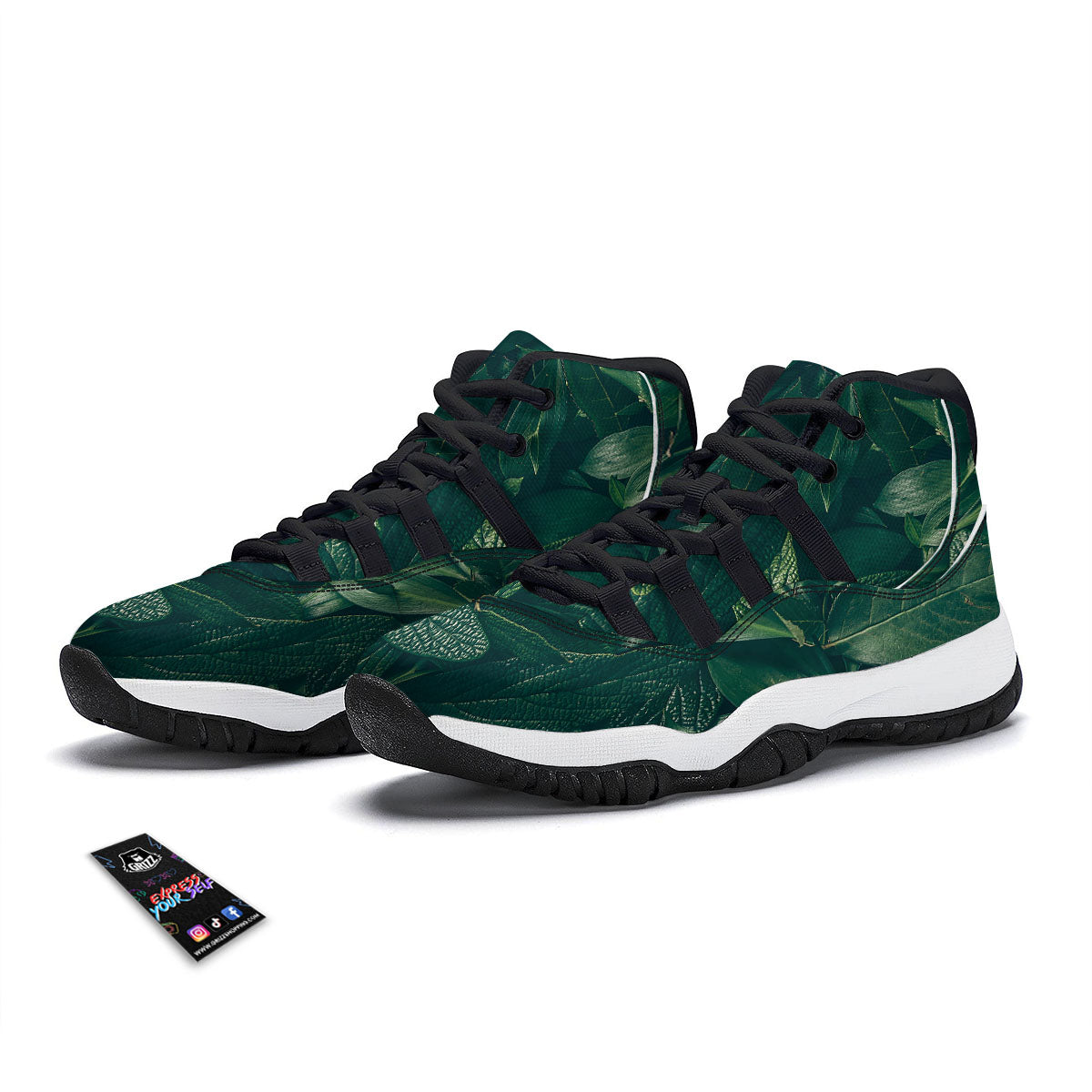 Green Natural Leaf Print Black Bball Shoes-grizzshop