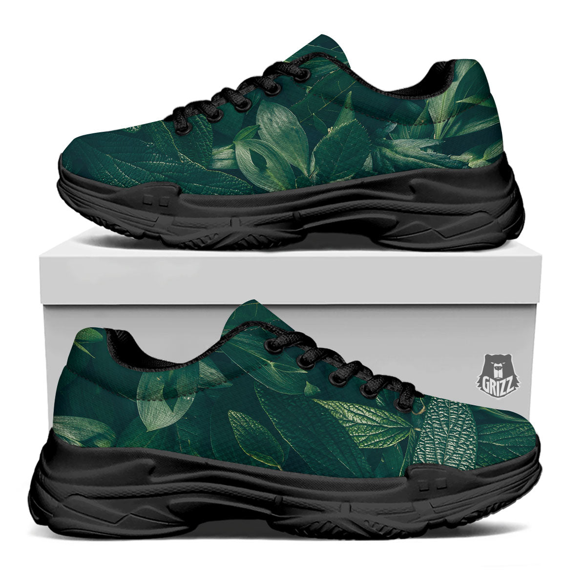 Green Natural Leaf Print Black Chunky Shoes-grizzshop