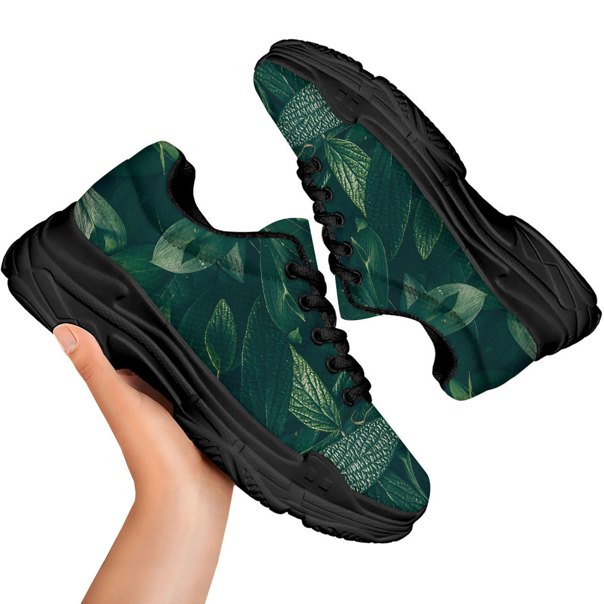 Green Natural Leaf Print Black Chunky Shoes-grizzshop