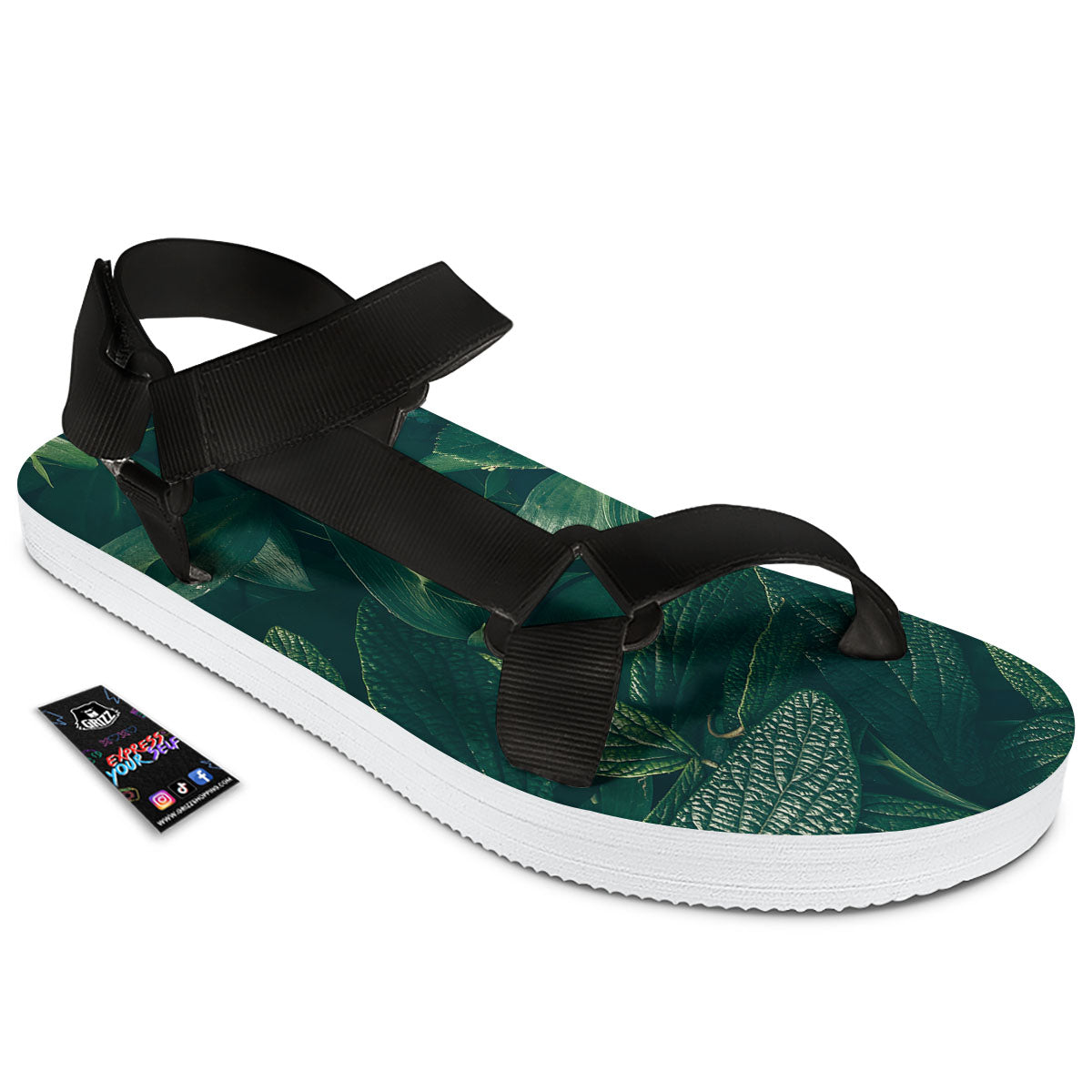 Green Natural Leaf Print Black Open Toe Sandals-grizzshop