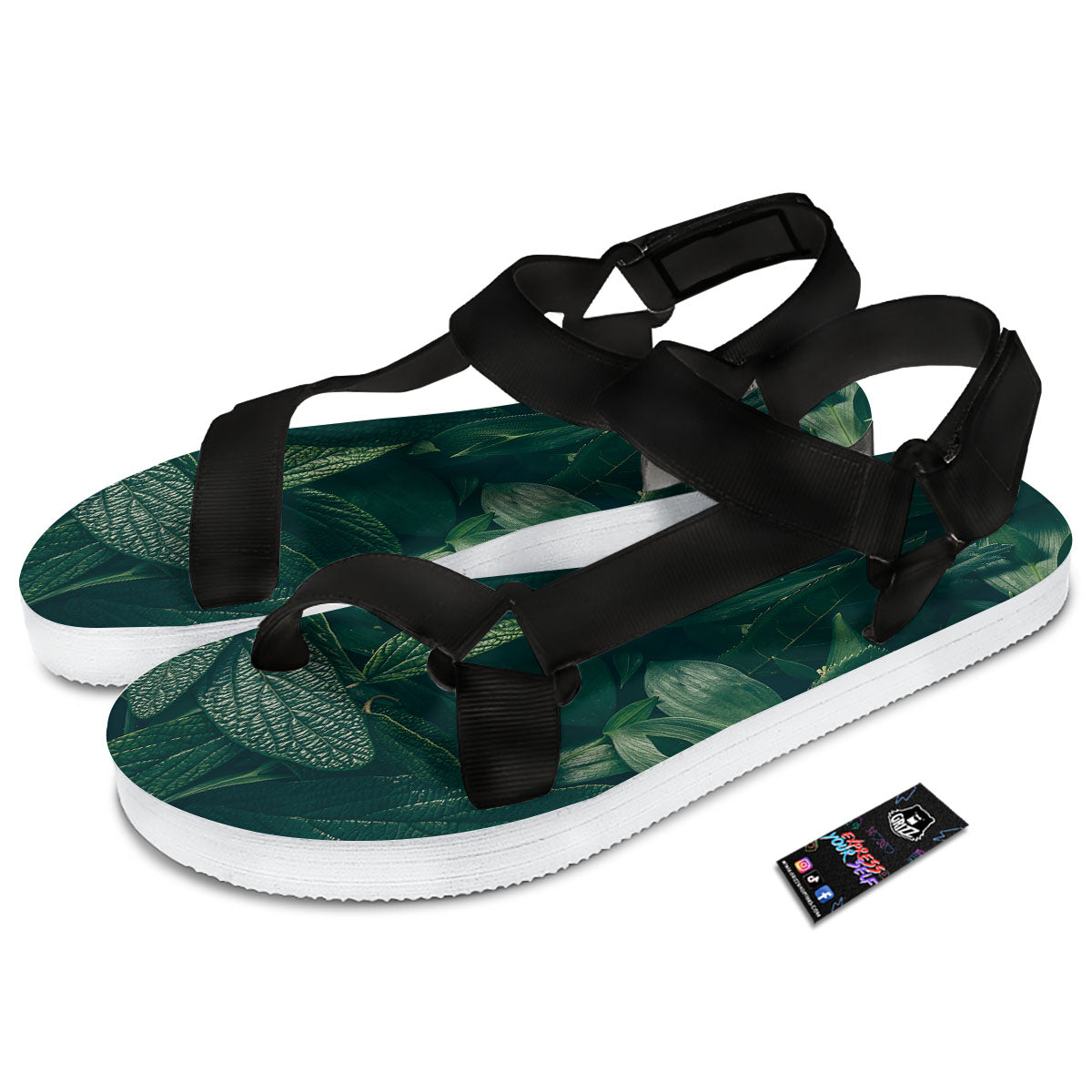 Green Natural Leaf Print Black Open Toe Sandals-grizzshop