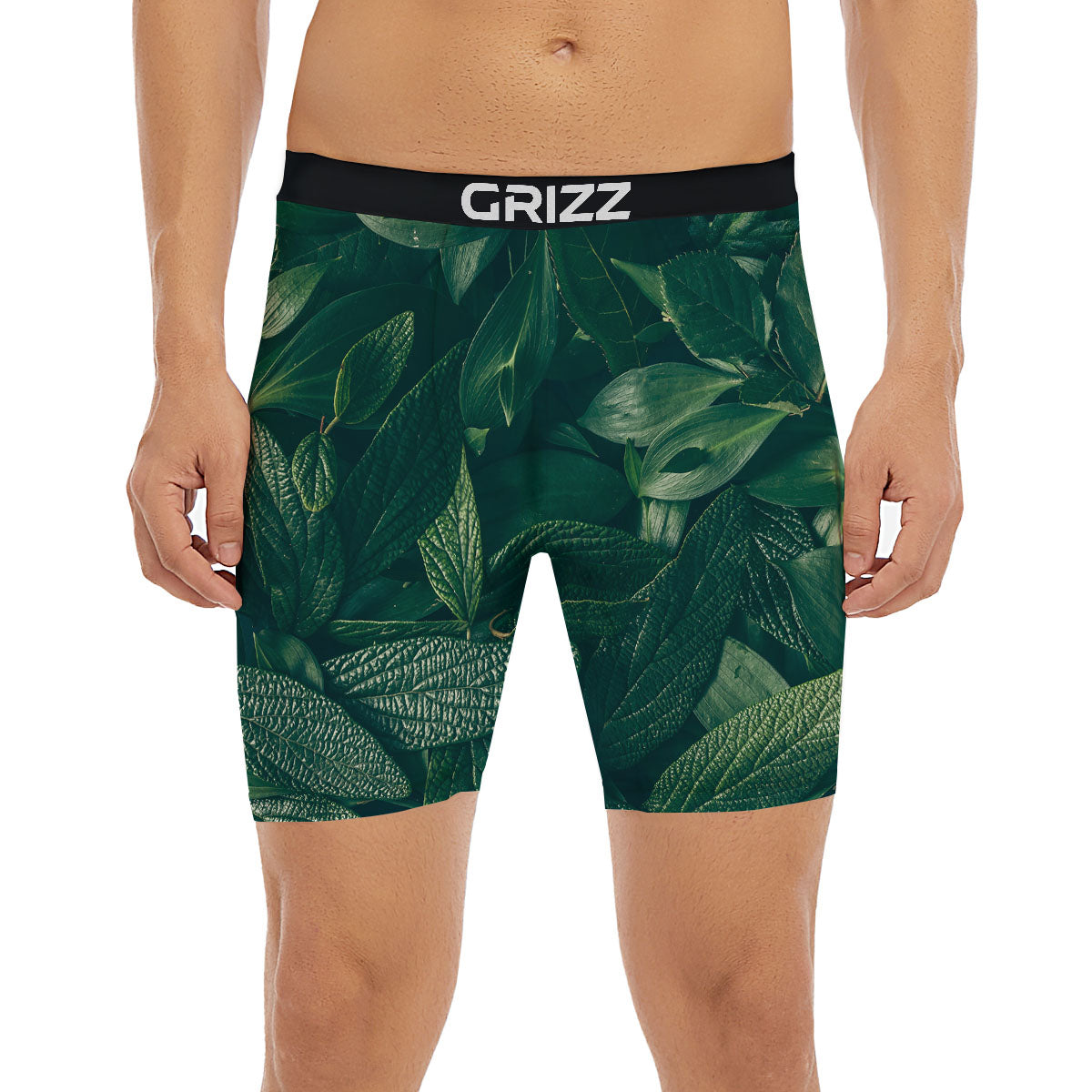 Green Natural Leaf Print Boxer Briefs-grizzshop