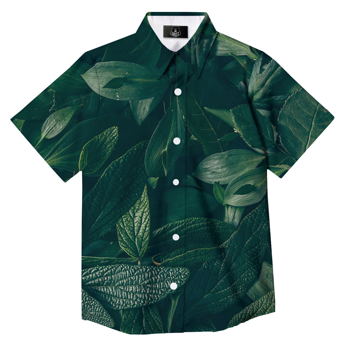 Green Natural Leaf Print Button Up Shirt-grizzshop