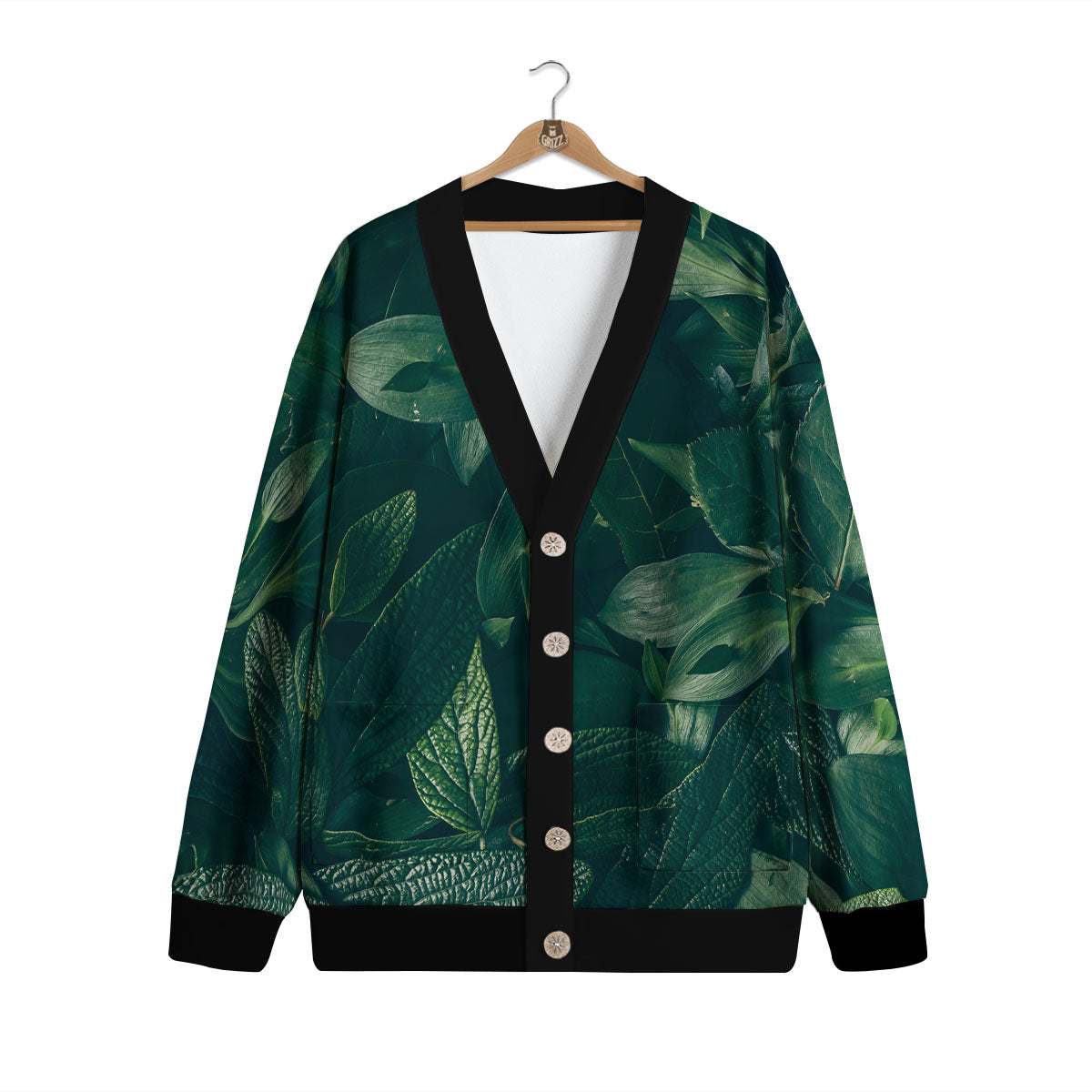 Green Natural Leaf Print Cardigan-grizzshop