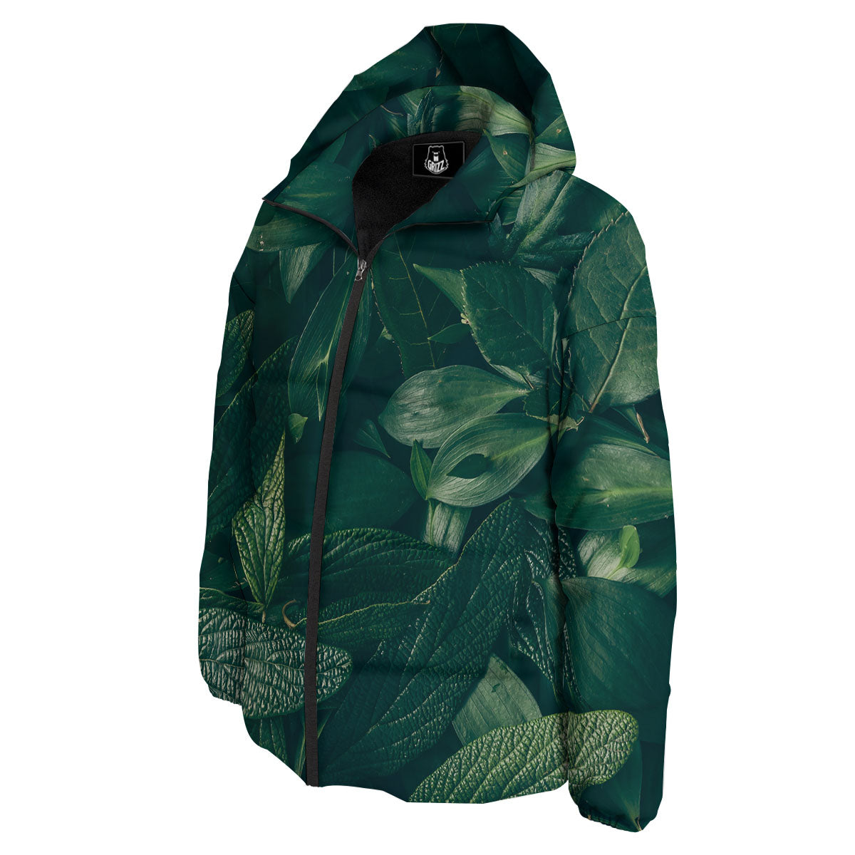 Green Natural Leaf Print Down Jacket-grizzshop
