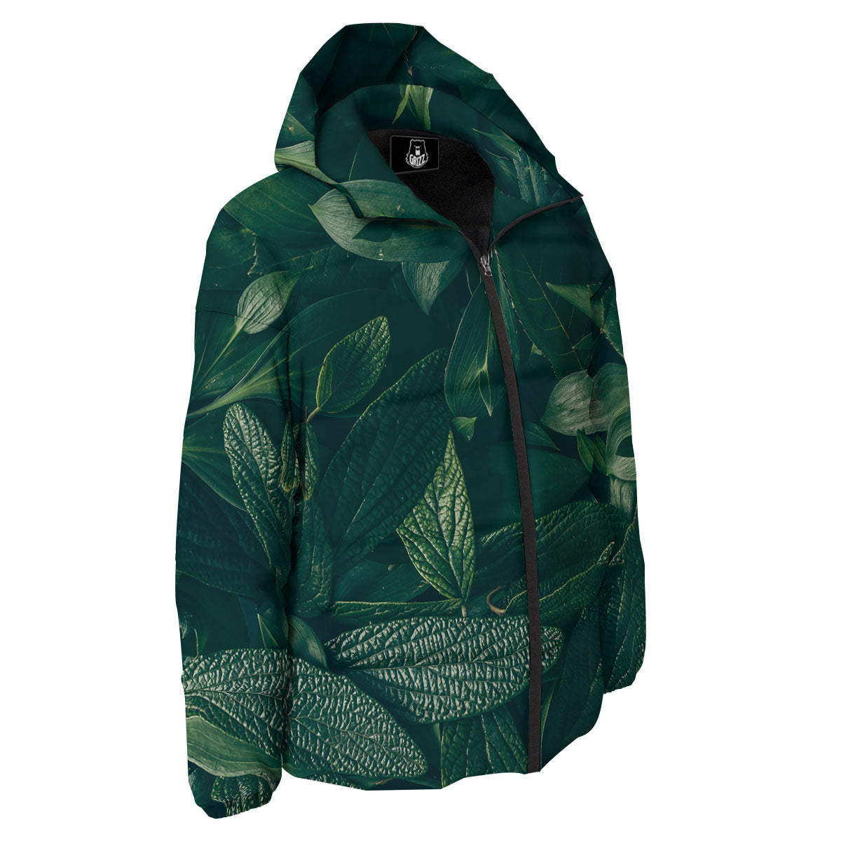 Green Natural Leaf Print Down Jacket-grizzshop