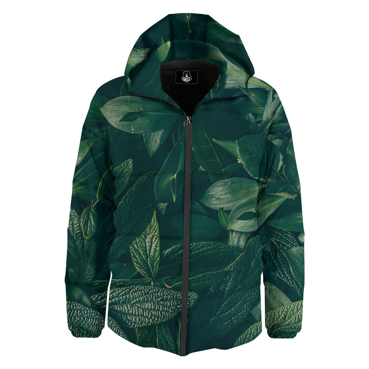 Green Natural Leaf Print Down Jacket-grizzshop