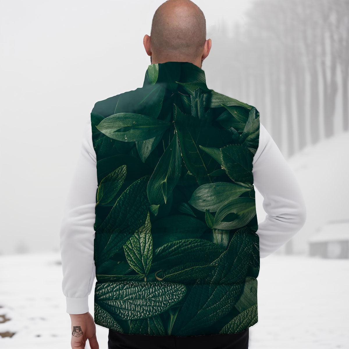 Green Natural Leaf Print Down Vest