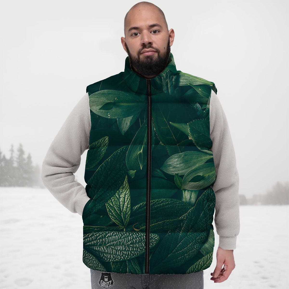Green Natural Leaf Print Down Vest