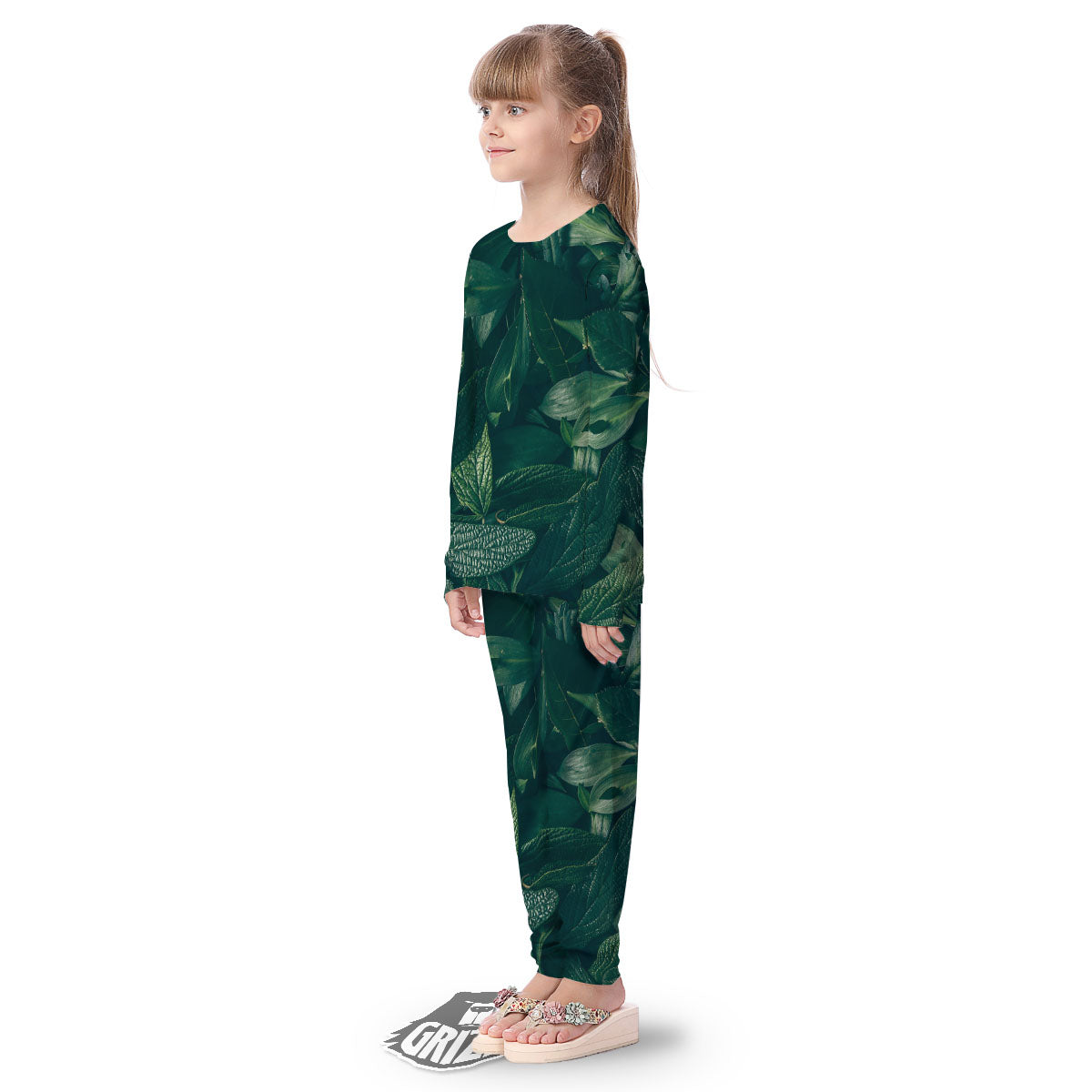 Green Natural Leaf Print Kid's Pajamas-grizzshop