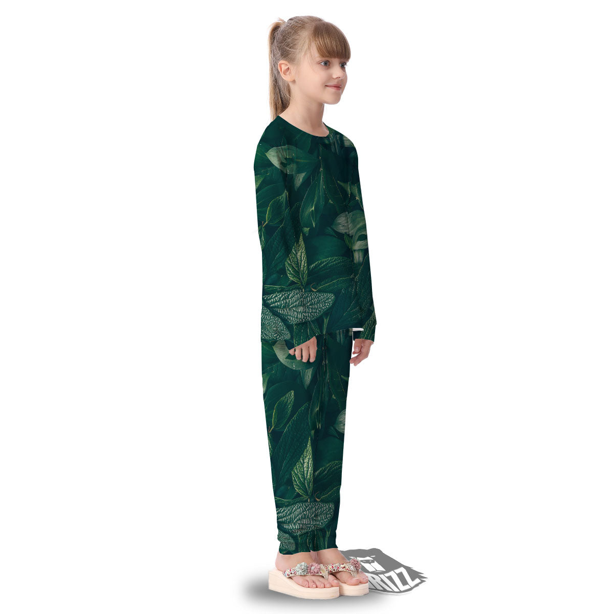 Green Natural Leaf Print Kid's Pajamas-grizzshop