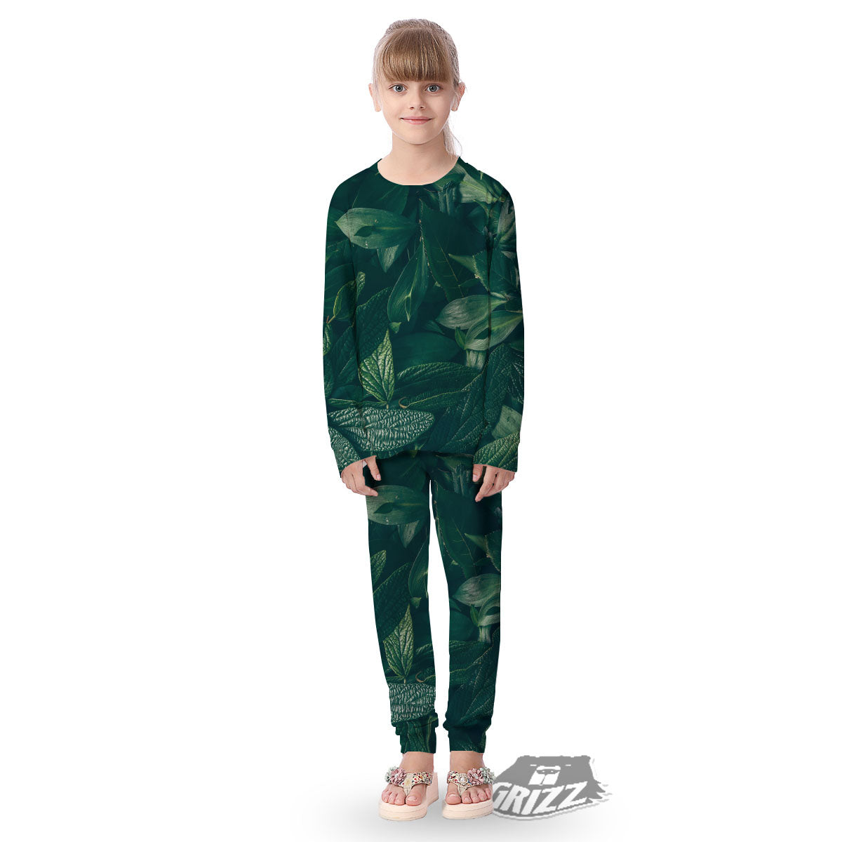 Green Natural Leaf Print Kid's Pajamas-grizzshop